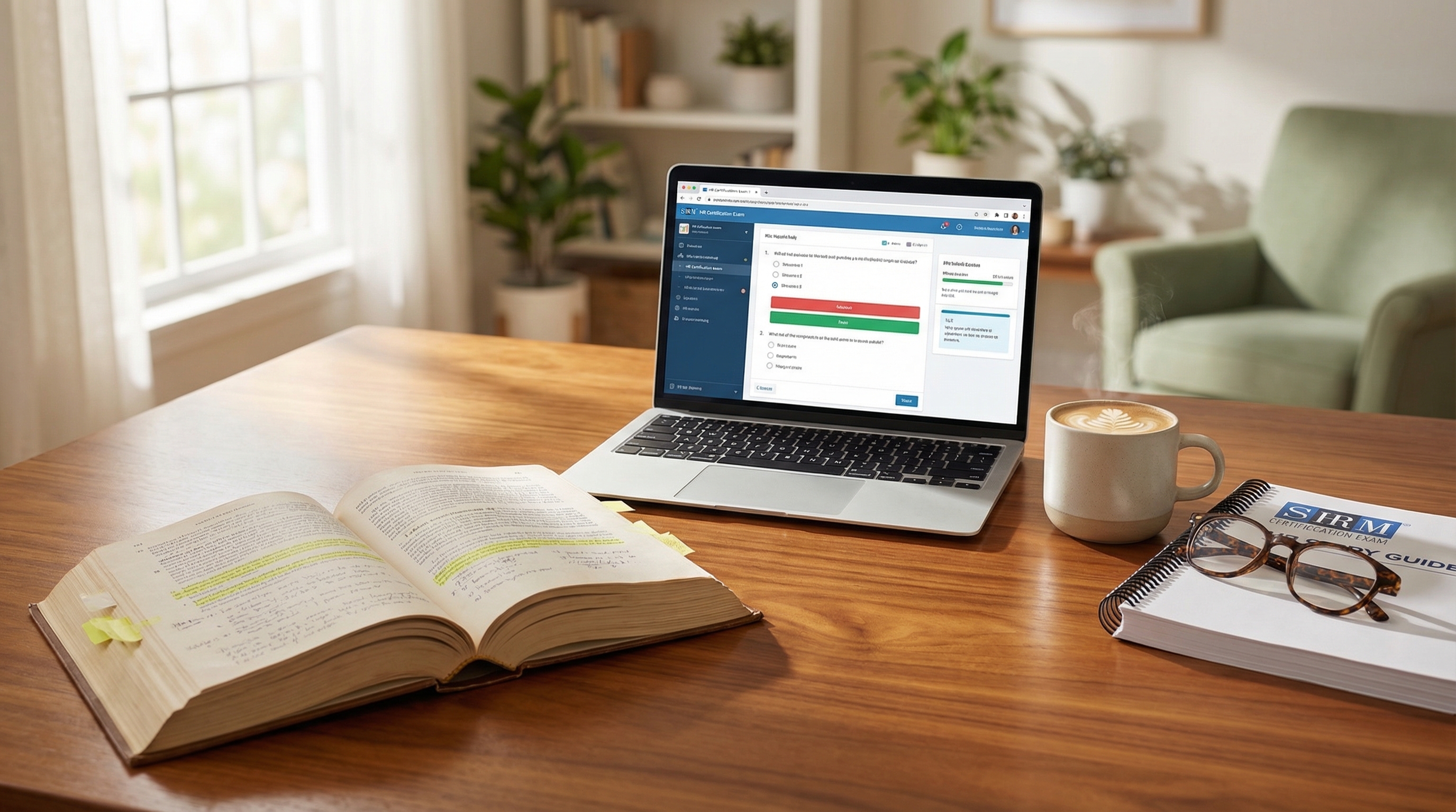 HR certification study materials on professional desk