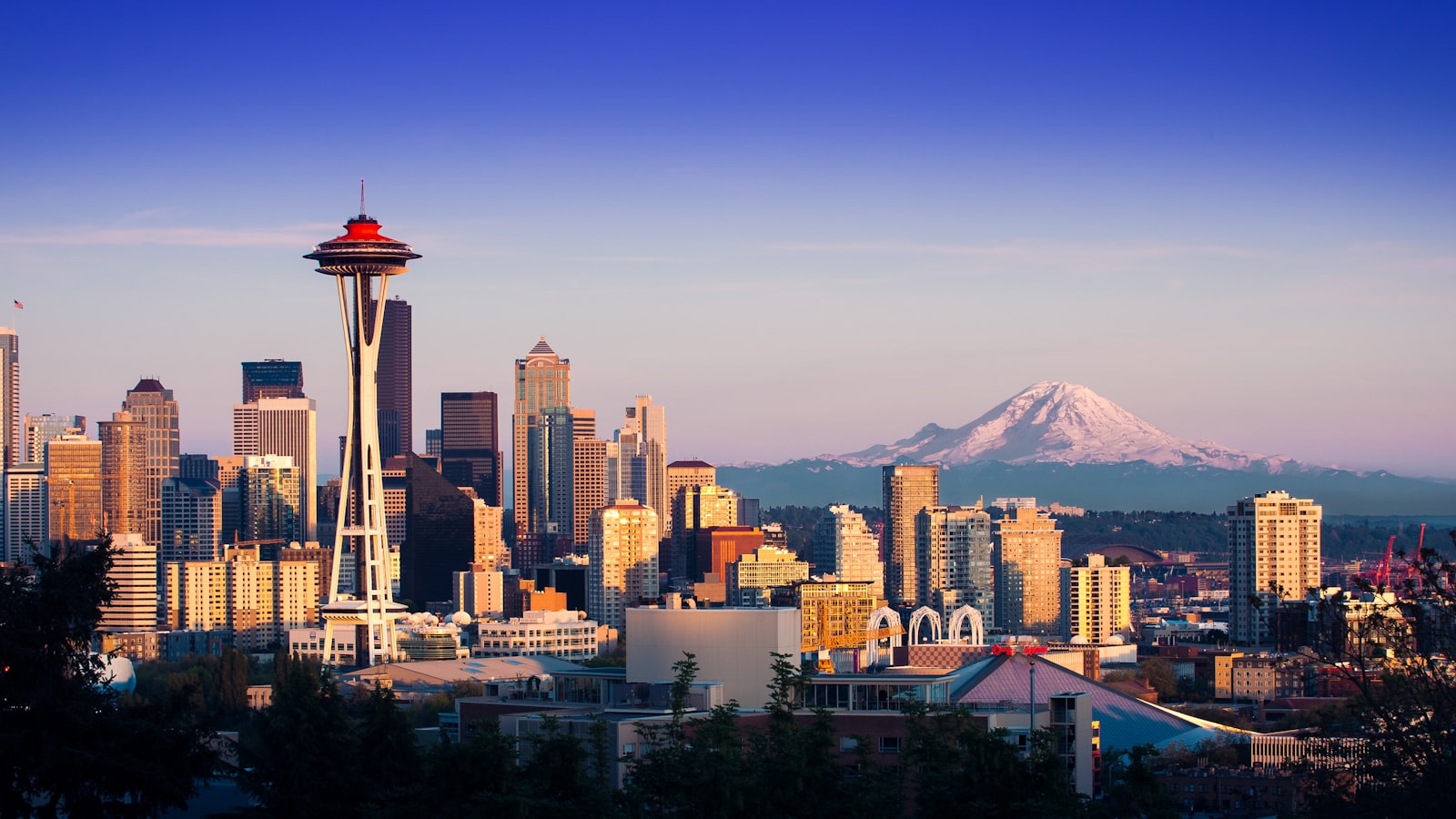 Seattle Washington skyline with Space Needle and business towers